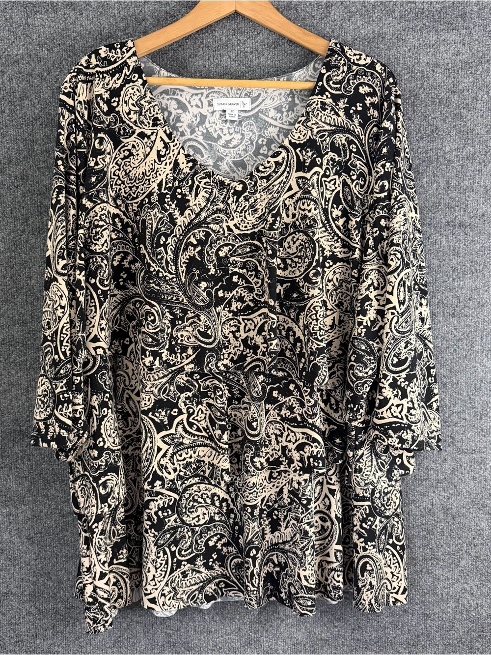 Susan Graver Womens 3X Liquid Knit Layered Top Black Tan 3/4 Sleeve Office